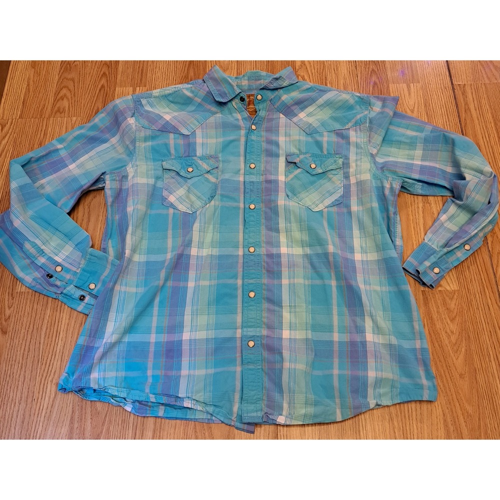 Red Camel Western Style Plaid Pearl Snap Shirt Mens Size XL‎ Blue Rustic